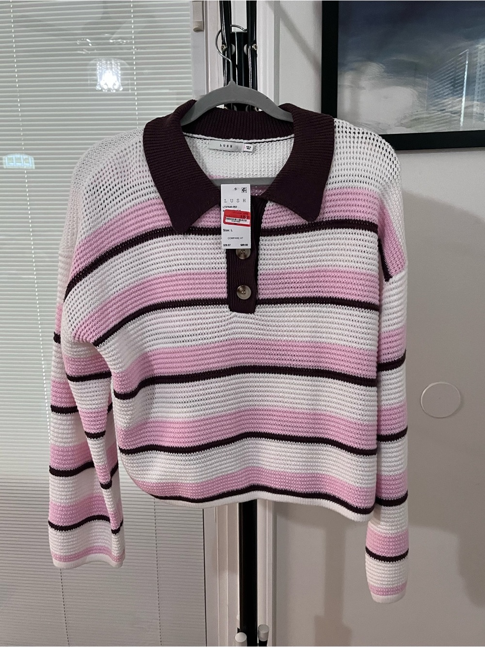 Lush Pink, White & Dark Brown Striped V-Neck Polo Sweater